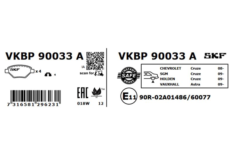 SKF Bremsbelagsatz, Scheibenbremse (VKBP 90033 A)