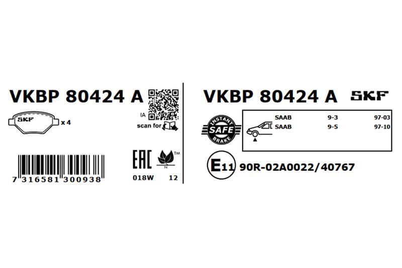 SKF Bremsbelagsatz, Scheibenbremse (VKBP 80424 A)