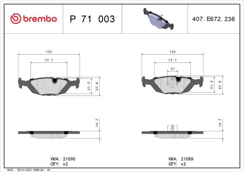 BREMBO Bremsbelagsatz, Scheibenbremse (P 71 003)