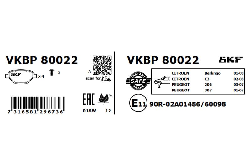 SKF Bremsbelagsatz, Scheibenbremse (VKBP 80022)