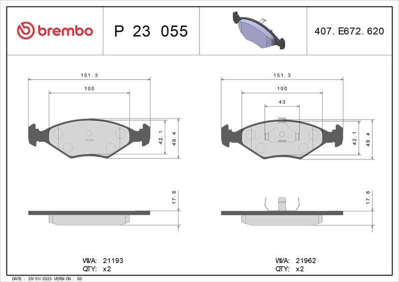 BREMBO Bremsbelagsatz, Scheibenbremse (P 23 055)