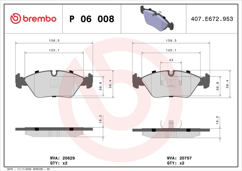 BREMBO Bremsbelagsatz, Scheibenbremse (P 06 008)