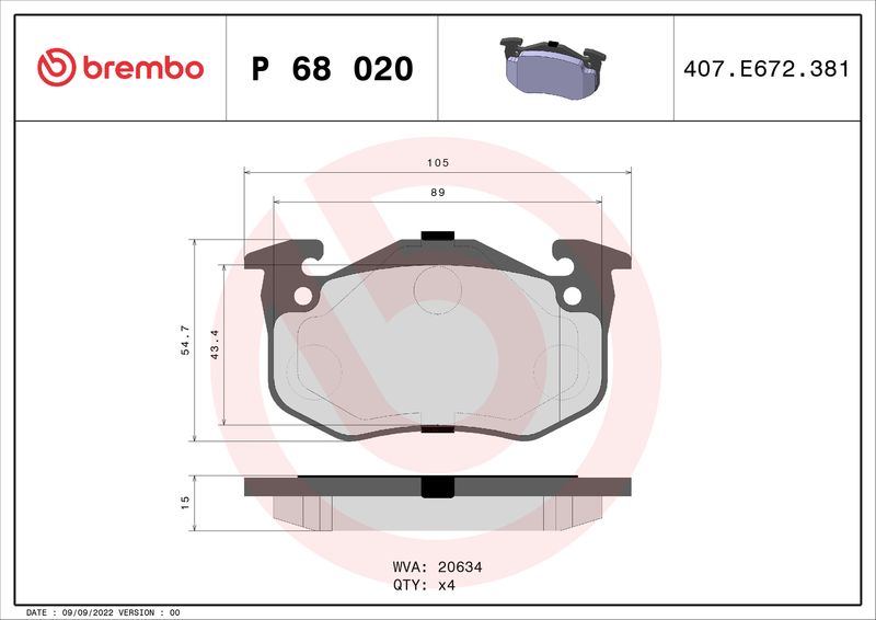 BREMBO Bremsbelagsatz, Scheibenbremse (P 68 020)