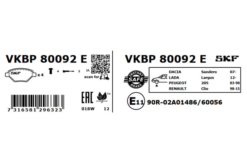 SKF Bremsbelagsatz, Scheibenbremse (VKBP 80092 E)