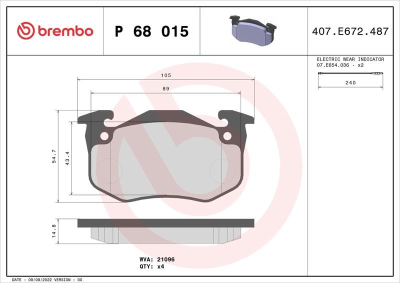 BREMBO Bremsbelagsatz, Scheibenbremse (P 68 015)